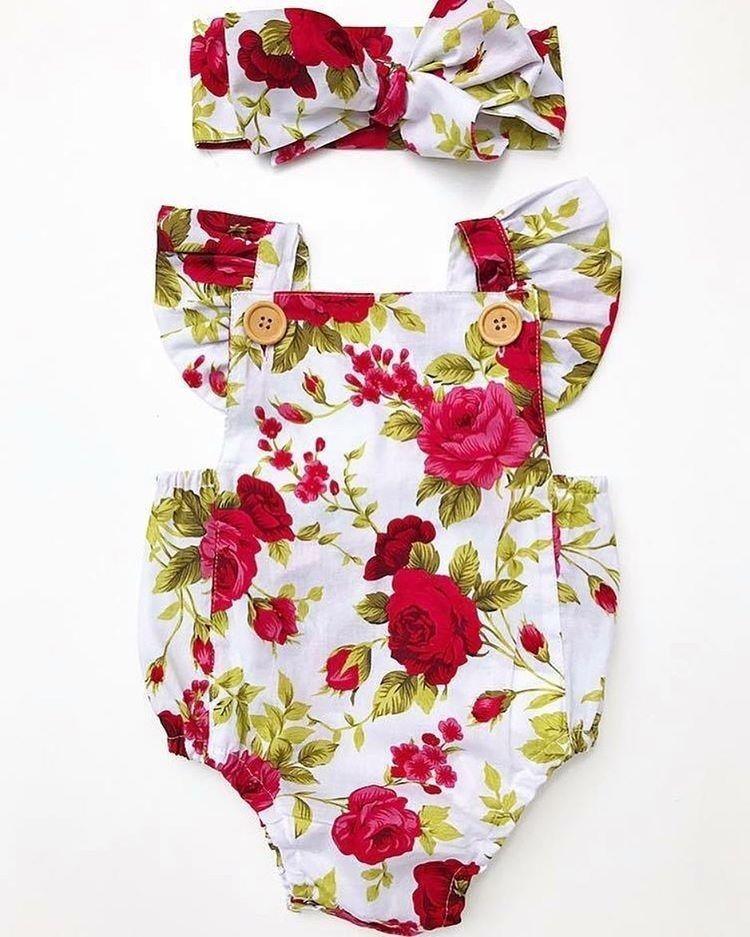 Luxury Modern Cute Floral Romper Baby Girls Clothes Jumpsuit Romper Headband Toddler Dress With Bow For Girls