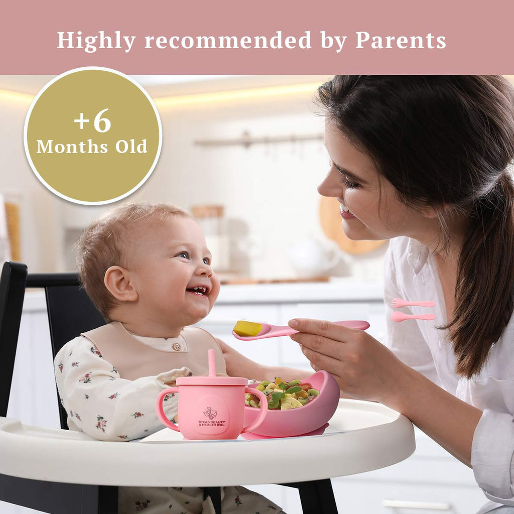 Texas Beauty & Health Princess Blushing Rose | Pink Silicone Baby Feeding Set for Girls | Suction Bowl, Divided Plate, Bib, Cup, Spoon, and Fork