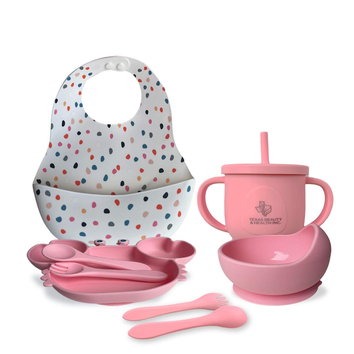 Texas Beauty & Health Princess Blushing Rose | Pink Silicone Baby Feeding Set for Girls | Suction Bowl, Divided Plate, Bib, Cup, Spoon, and Fork
