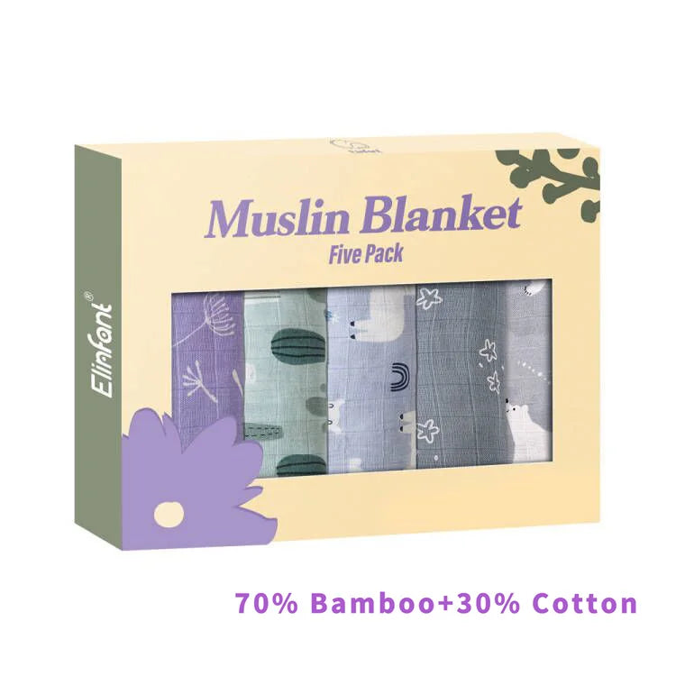 Elinfant 5-Piece Gift Set – Bamboo Cotton Muslin Bibs & Burp Cloths, 100% Cotton, 60x60cm, 2 Layers Baby Scarf & Handkerchief