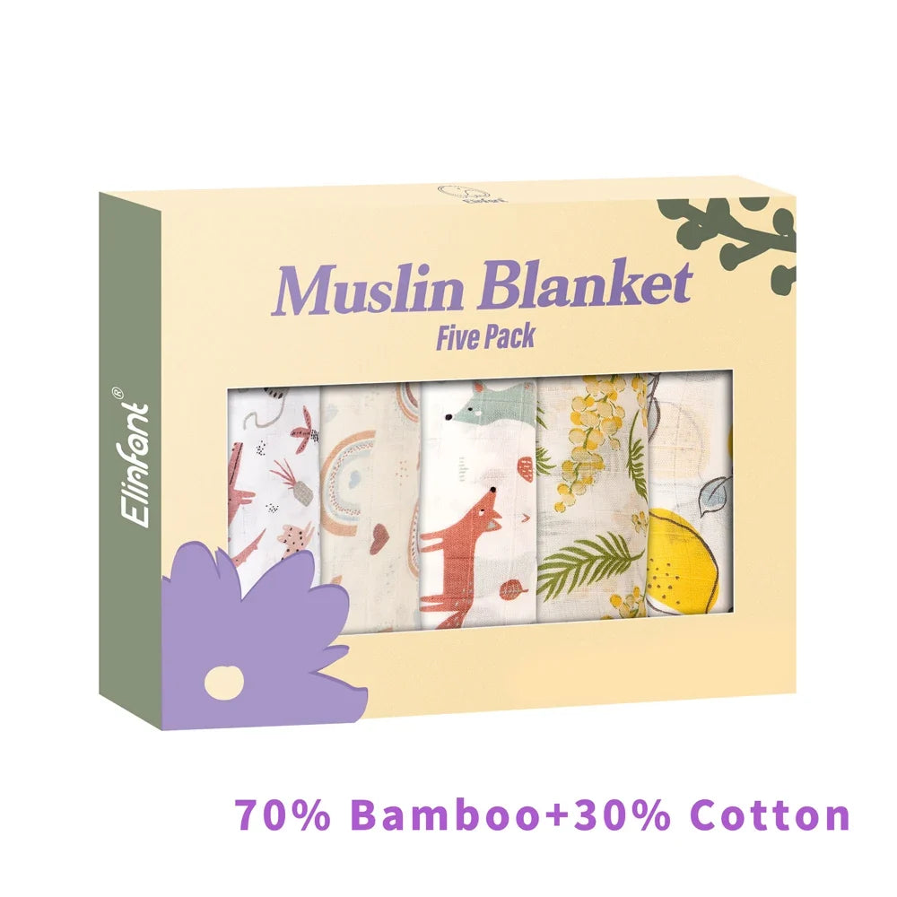 Elinfant 5-Piece Gift Set – Bamboo Cotton Muslin Bibs & Burp Cloths, 100% Cotton, 60x60cm, 2 Layers Baby Scarf & Handkerchief