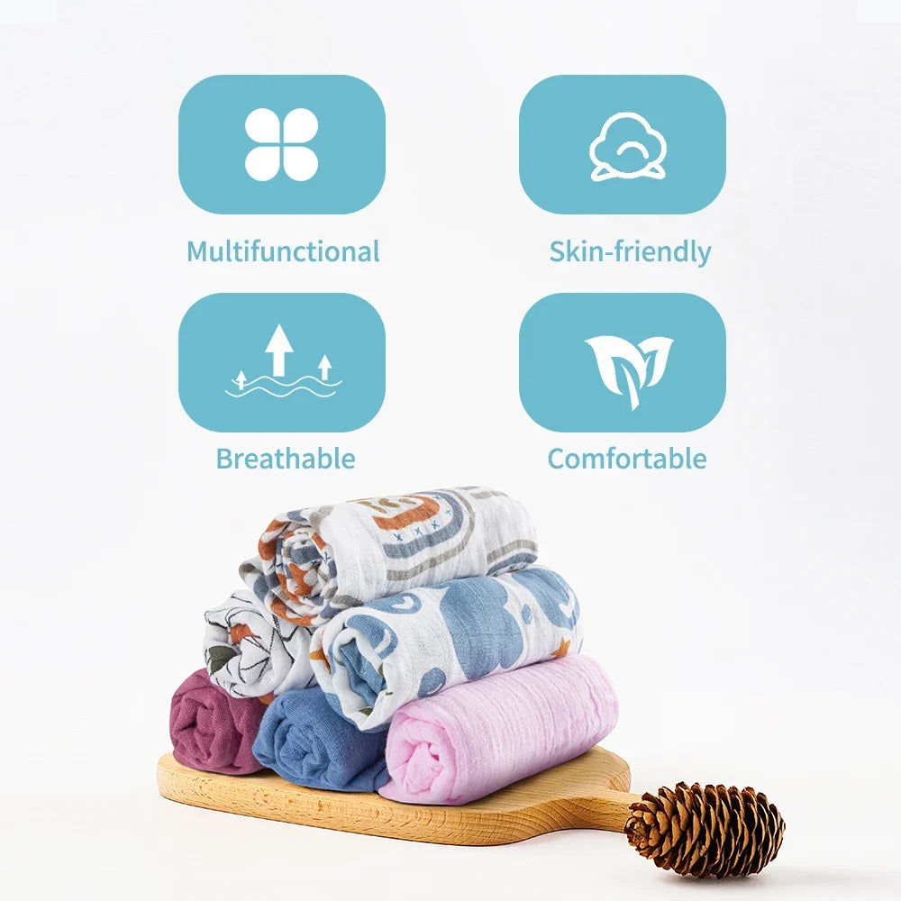 Elinfant 5-Piece Gift Set – Bamboo Cotton Muslin Bibs & Burp Cloths, 100% Cotton, 60x60cm, 2 Layers Baby Scarf & Handkerchief