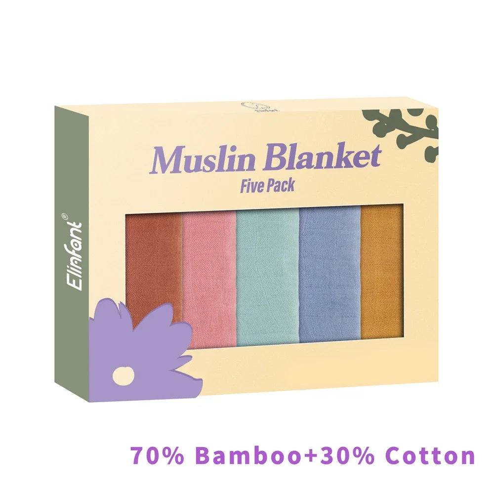 Elinfant 5-Piece Gift Set – Bamboo Cotton Muslin Bibs & Burp Cloths, 100% Cotton, 60x60cm, 2 Layers Baby Scarf & Handkerchief