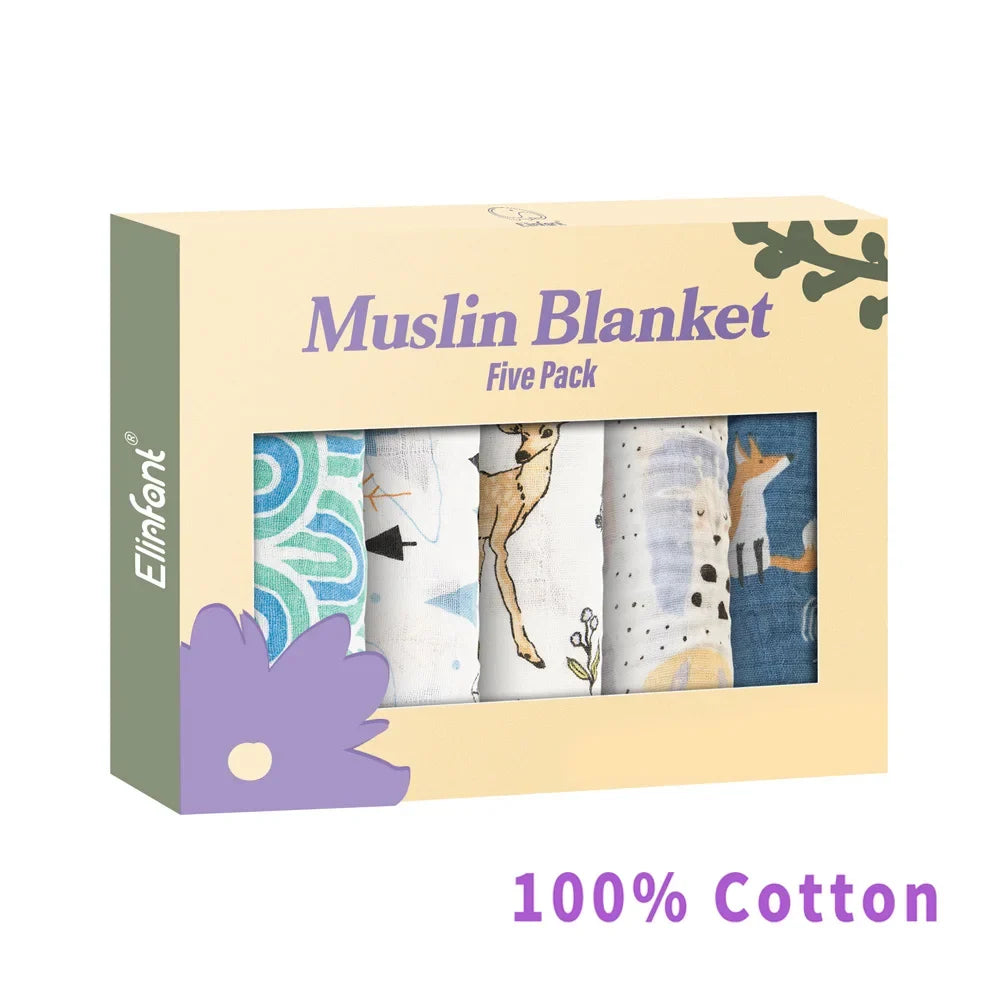 Elinfant 5-Piece Gift Set – Bamboo Cotton Muslin Bibs & Burp Cloths, 100% Cotton, 60x60cm, 2 Layers Baby Scarf & Handkerchief