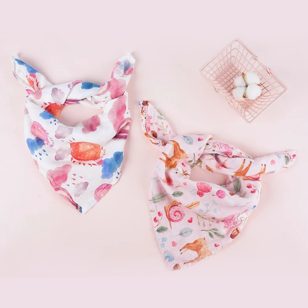 Elinfant 5-Piece Gift Set – Bamboo Cotton Muslin Bibs & Burp Cloths, 100% Cotton, 60x60cm, 2 Layers Baby Scarf & Handkerchief