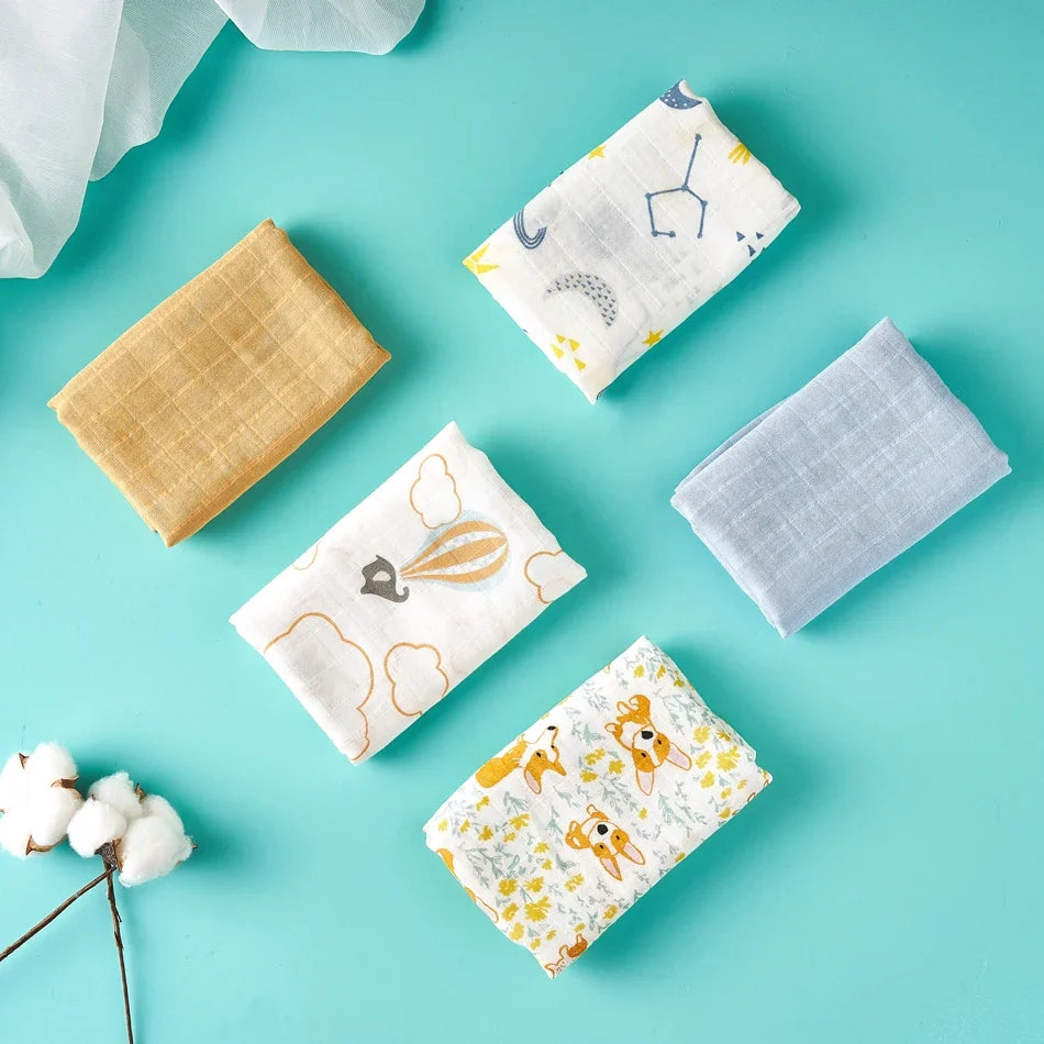 Elinfant 5-Piece Gift Set – Bamboo Cotton Muslin Bibs & Burp Cloths, 100% Cotton, 60x60cm, 2 Layers Baby Scarf & Handkerchief