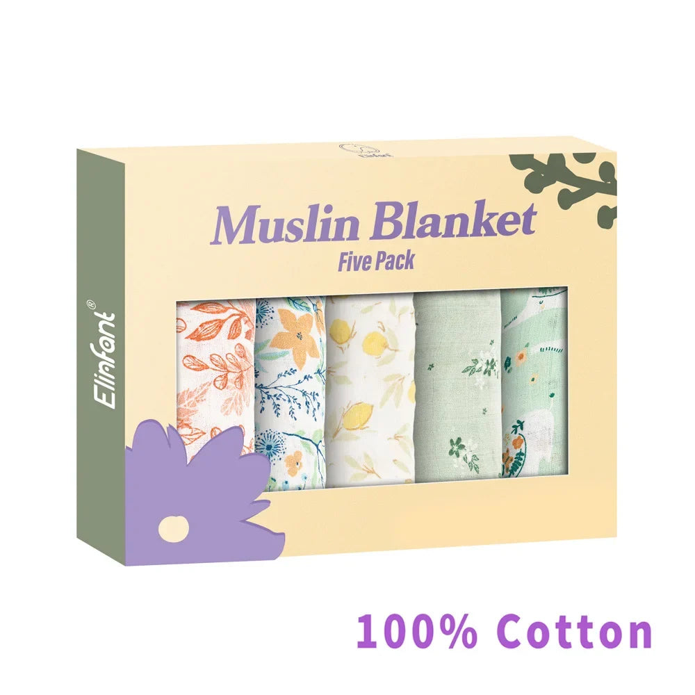Elinfant 5-Piece Gift Set – Bamboo Cotton Muslin Bibs & Burp Cloths, 100% Cotton, 60x60cm, 2 Layers Baby Scarf & Handkerchief