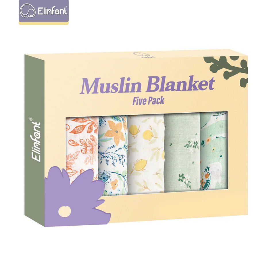 Elinfant 5-Piece Gift Set – Bamboo Cotton Muslin Bibs & Burp Cloths, 100% Cotton, 60x60cm, 2 Layers Baby Scarf & Handkerchief